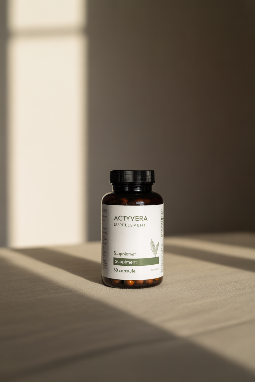 Actyvera supplement bottle on a neutral surface with soft studio lighting